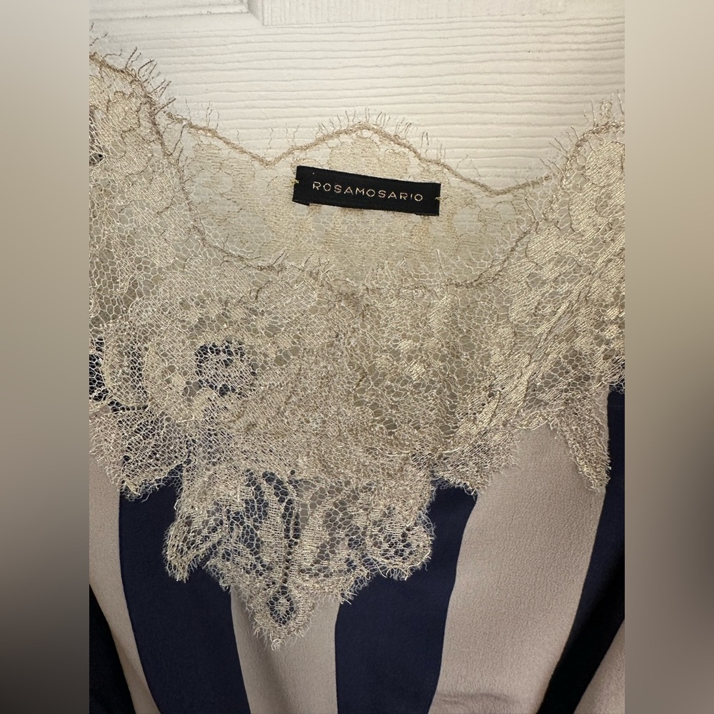 Rosamosario 100% Silk Bodysuit Playsuit Navy Cream Stripes Champagne Lace Silk - Picture 8 of 17